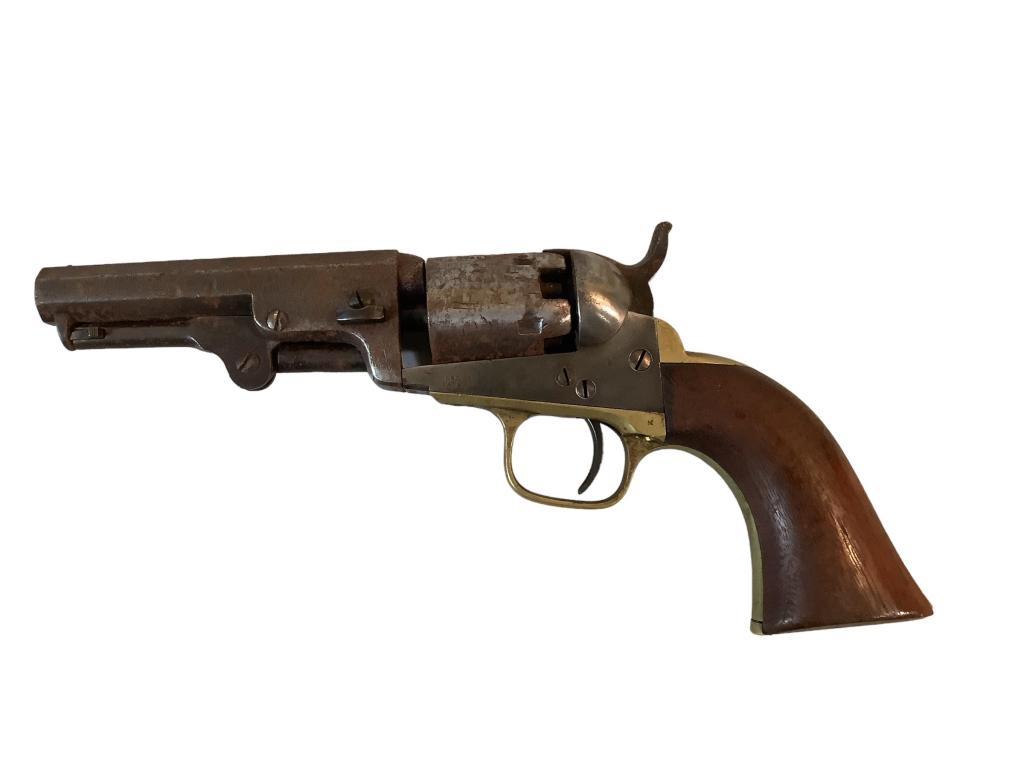 Samuel Colt Revolver: Believed a model 1851, 36 cal, Navy pistol with serial # 174481, 9.5 inch length