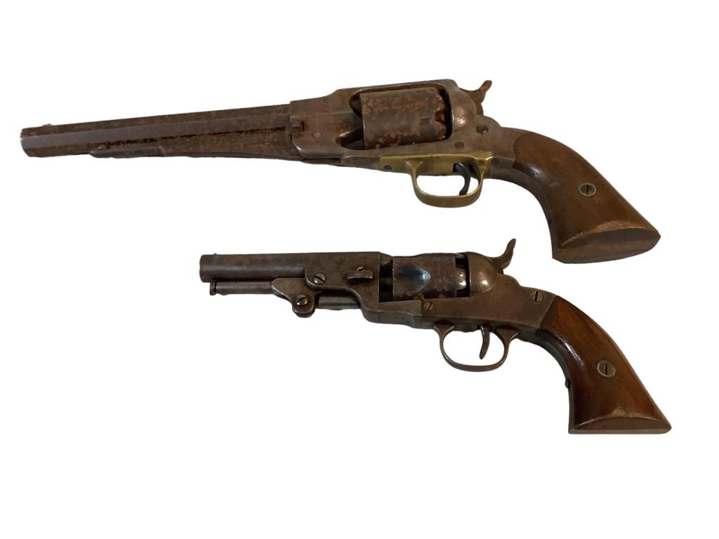 Two Pistols: Bacon &Co. single shot pocket pistol, #98, a Remington Army model six shot revolver pat date 1861, both pitted