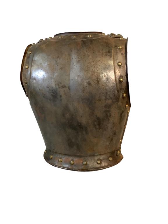 Spanish Colonial Style Breastplate: 13.5 x 15 inches, unsure of age, has attached shoulder chains/ leather strapping,