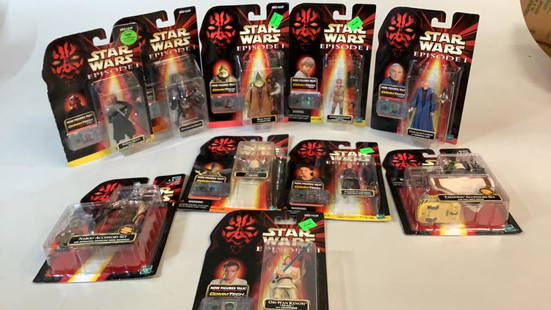 Ten Star Wars Episode 1 Action Figures,: Accessory sets, Hasbro 1998, new old stock, peg cards with bubble, never opened, includes figures from Collection 1,2 and 3, some with price stickers to front, these figures include a comm tech