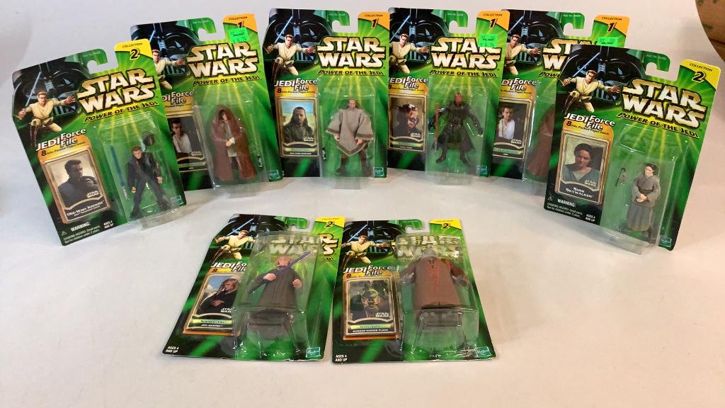 Eight Star Wars Power of the Jedi Action Figures: Four from Collection 1 and four from Collection 2, Hasbro 2000 series, new old stock, never removed, all on peg cards with blister seals, some price stickers to fronts, corner creases
