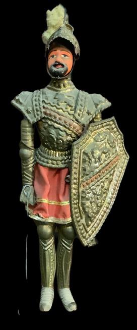 Soldier Marionette: 17 inches, possibly Italian or French, hand painted face, jointed body, wears armor with shield and helmet * missing sword, strings and hand control removed, needs cleaning