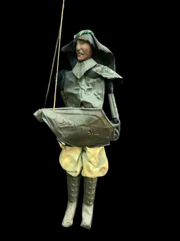 Antique Marionette Soldier: 17 inches tall, wood with hand painted face, dressed as Arabian soldier, carriers sword and shield * staining to costume, dust and wear