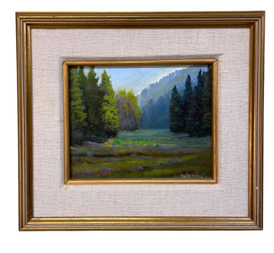Sequoia Meadow, Bob Wiermaa: American, b. 1933..oil on canvas on board, signed lower right, nice colors..linen liner with minor stain, contemporary gold tone frame with a few chips..sight 7.5H x 9.5W, frame 14H x 16W