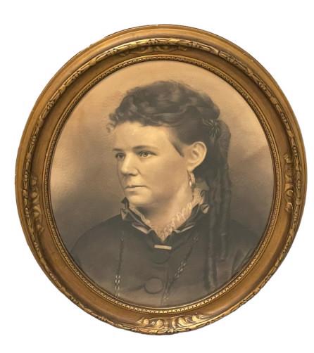 Portrait of Elizabeth P. Hobbs: 19th century, charcoal on paper, biographical info on verso states portrait was made before civil war, toning, gilt oval frame with some finish loss, frame 23.5H x 21W Line Item # 8