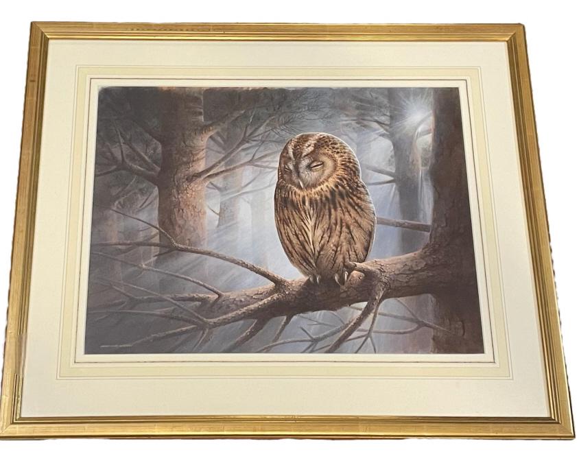 Tawny Owl, Raymond Watson: U.K., 1935-1994..bodycolour on paper, signed lower left, hand decorated mat, some cloudiness under glass, The Tryon Gallery Ltd tag on verso..sight 14H x 18.5W, frame 21.5H x 26W