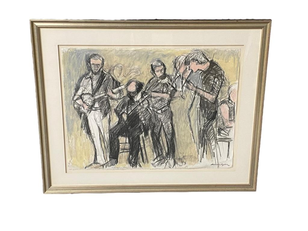 Red Clay Ramblers, Anne Lyne: American, 20th century..pastel and charcoal on paper, showing members of Red Clay Ramblers performing, signed lower right and dated 3-14-87 lower left, float mounted..paper measures 22H x 30W, frame 3