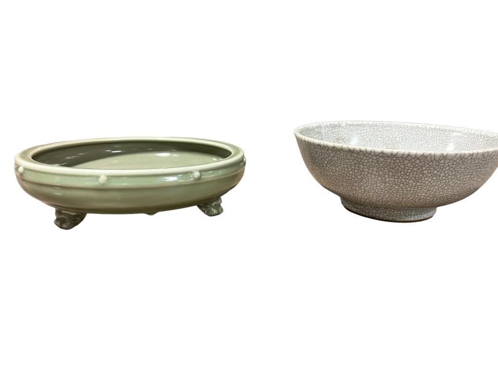 Footed Celadon Bowl & Footed Bowl: Footed bowl 10.5 x 3, footed glazed bowl 10 x 4