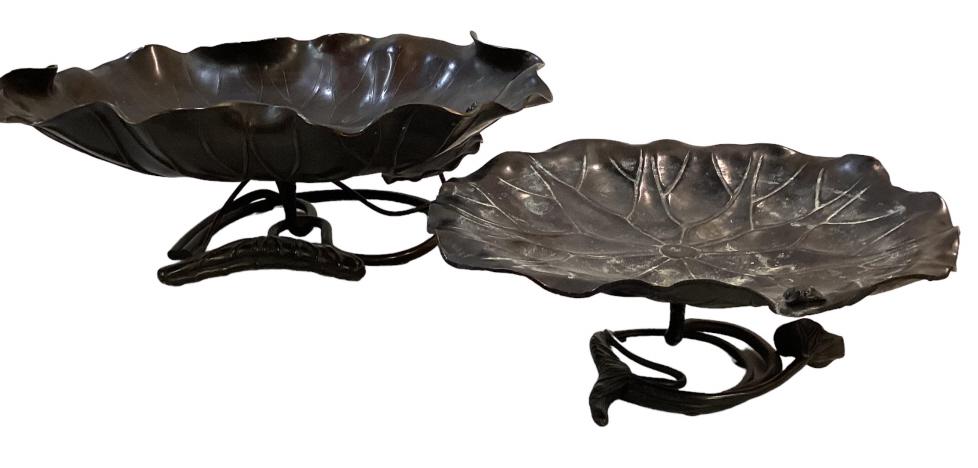 2 Bronze Lily Pad Bowls: Largest at 17 inches, on a vine inspired foot, miniature frog to side leaf, heavy, unsigned and a 12 inch lily pad bowl, similar vine foot, also with miniature frog, both contemporary pieces