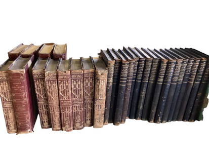 Collection of Books, 41: To include 16 volumes The Historians History of the World, 1907 edition, bonded black covers, wear, 7 volumes Washington Irving, wear, staining, 9 volumes The Work of Stevenson, 1906 published ..leath