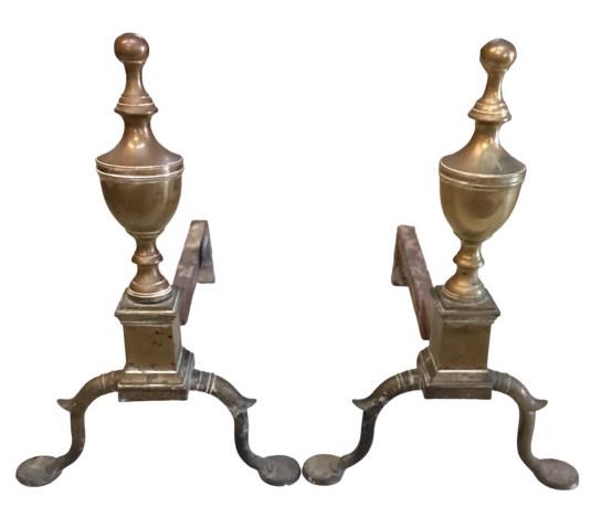 Pair of Brass Federal Andirons: Early 19th Century, Possibly Philadelphia, Square Base and Rook Finial Size: 17” Line Item # 144