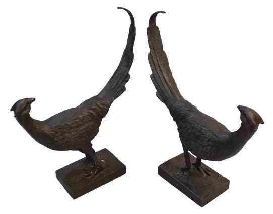 Pair Decorative Cast Bronze Pheasants: 18 inches tall at tail, right and left facing pair, contemporary Line Item # 279