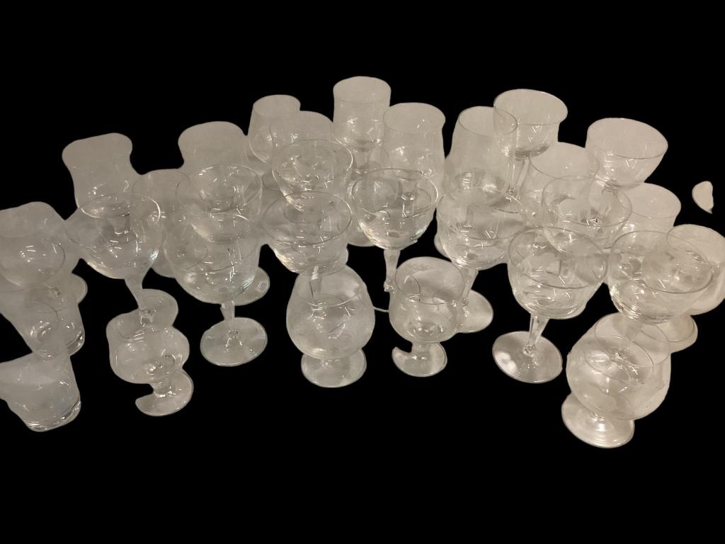 34 Etched German Crystal Goblets, Tumblers: Attributed to Roland Ward, unsigned, Queens Lace type pattern featuring Exotic Animal Motifs, sizes include Sherry, Wine,Red Wine, Martini and Tumblers Line Item # 116