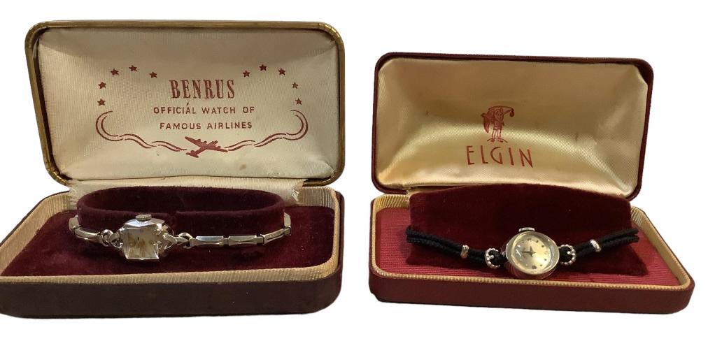 2 Vintage LadiesWatches: Benrus 14 K White gold case, expandable band, Elgin petite 14 k white gold case, black cord band, both with boxes