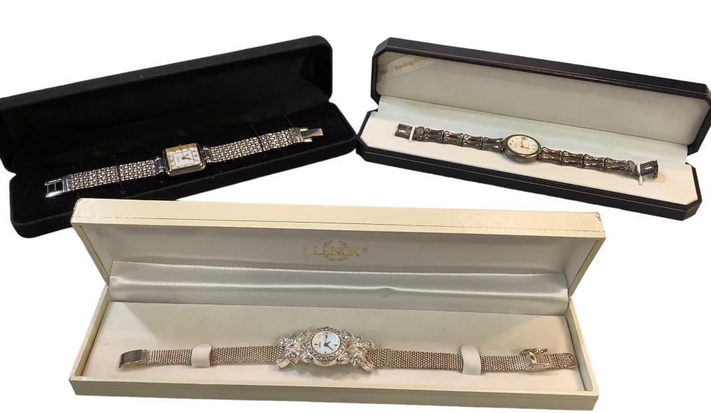 3 Vintage Watches: Lenox Butterfly 925 Watch, 2 Ecclissi wrist watches, faces marked Sterling silver, 1 #5550 w/ square face, Ecclissi round face, bamboo link band #31450 * not tested for content, not attempted to wind