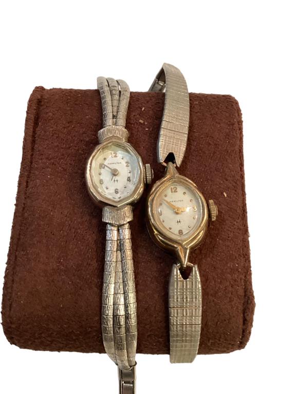 2 Ladies Hamilton Vintage Watches: One back case marked 14 k gold with tiny hallmark, second watch in white and yellow tone, back case stamped gold filled bezel, stainless steel ( not tested for gold content)