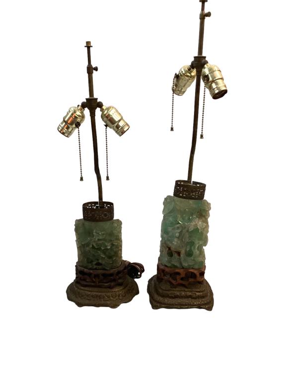 Two Asian Green Hard Stone Carved Lamps (1 of 6)