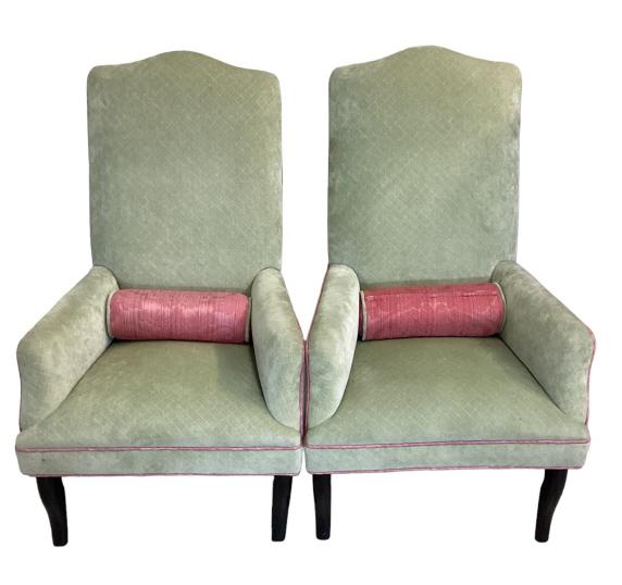 Pair of Green Straight Back Library Chairs: Velveteen Fabric, Slipper Chair Height Size: 41 x 24 Condition: Good Line Item # 177