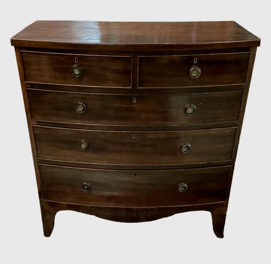 English Mahogany Bow front chest: 5 drawer chest with bracket feet .Banded and Dovetailed Drawers Measures 42T x 40W x 20D