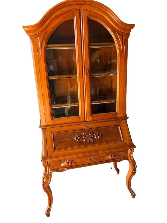 Eastlake Walnut Secretary: Original glass, carved pulls, Bonnet top, inlaid interior drawers, inkwells, 90 tall x 43 wide x 21 deep