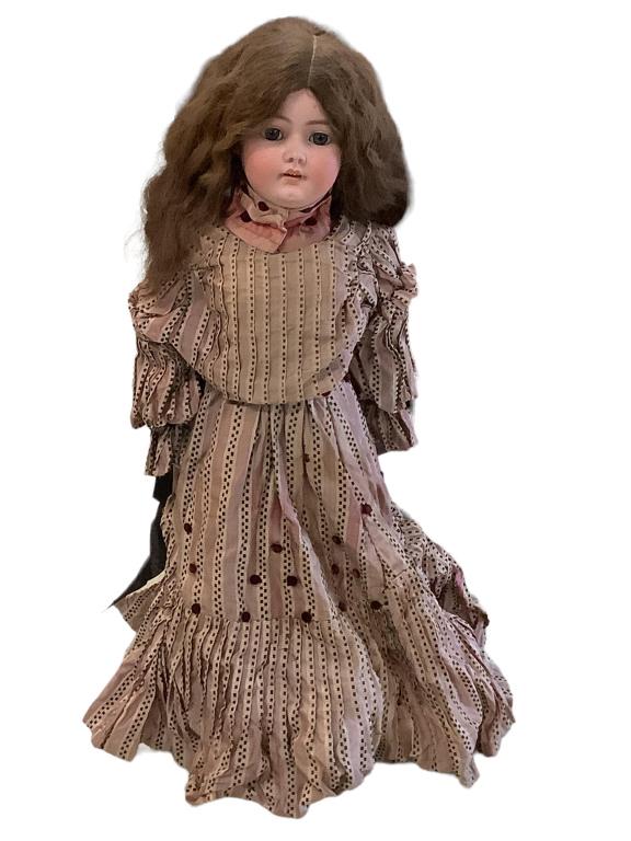 Antique German Handwreck Doll: Bisque head, glass sleep eyes, jointed elbows, wrists, knees, hips, dress shoes wear, 35 inches tall