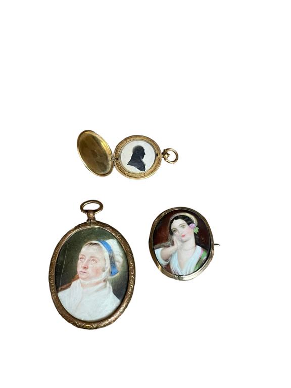 2 Small Portraits and Silhouette in Locket: Woman on porcelain plaque, surface scratches and paint loss, brooch mount..portrait of a woman with hat, on bone, crack to left edge of portrait..locket with inked silhouette of gentleman, finely deta
