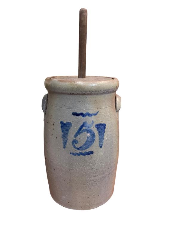 5 Gallon Stoneware Churn: Salt glazed Stoneware churn with cobalt blue decoration, wooden top and churning stick, chips and hairlines present, 17 inches tall, 25 inches with stick Line Item # 41