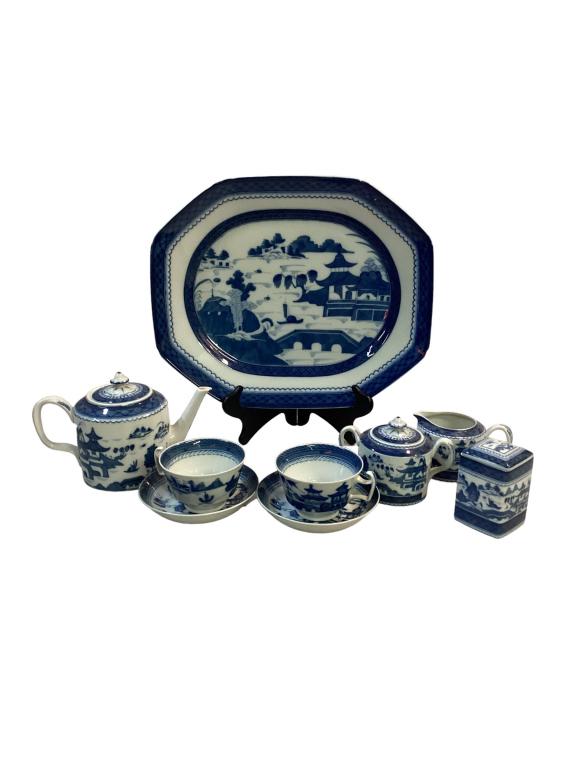 Mottahedeh Canton: 9 pieces to include 17 inch platter, tea pot, cream, covered sugar, 2 large cup/saucer sets, lidded canister, all marked* chipped spout on pot Line Item # 133