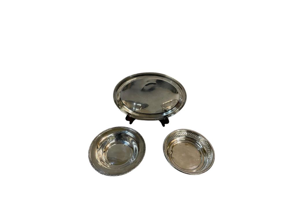 3 Sterling Articles: 5.5 inch Mermod & Jaccards wine coaster, 8.5 inch Fisher tray/under plate, 6 inch waste bowl marked Sterling 1164..dings and dents present in all pieces..9.87 ounces troy Line Item # 96