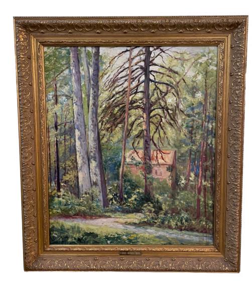 A Forest Landscape, Grace Hopkins True: American, 19th/20th century..oil on canvas, signed lower right, plaque w/ artist name on frame..craquelure, surface dust..newer gold tone frame..sight 25H x 21W, frame 32.5H x 28.5W