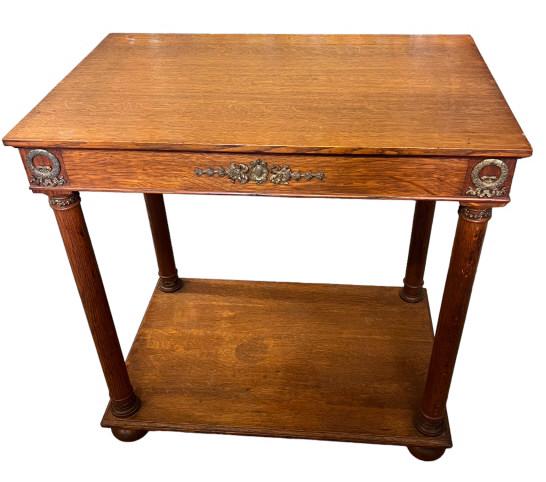 Classical Oak Occasional Table: Brass ormolu mounts, full column legs, bun feet, lower shelf, 30 tall x 30 wide x 20 deep