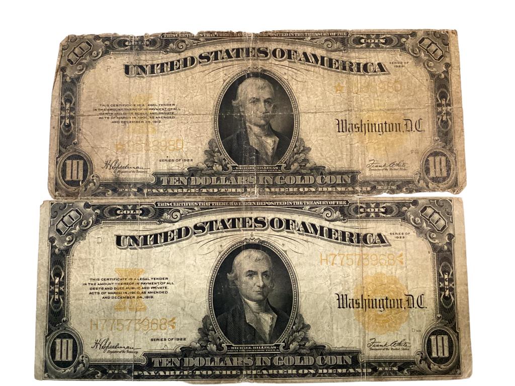 Two 1922 $10 Dollar Gold Certificates (1 of 4)