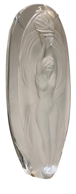 Marie-Claude Lalique Eroica Vase: Frost and clear glass 12.5 inch sculpture vase, depicting a Triumph nude holding a torch, signed to reverse and dated 1989, bearing Lalique sticker also 78 Very good