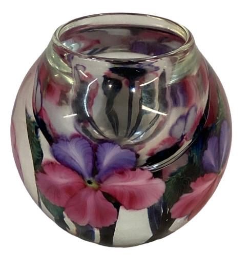 David Lotton Art Glass Vase: 4.5 inch Vase signed at base with Paper Label, bright pink and lavender flowers. Great color 67 Very good