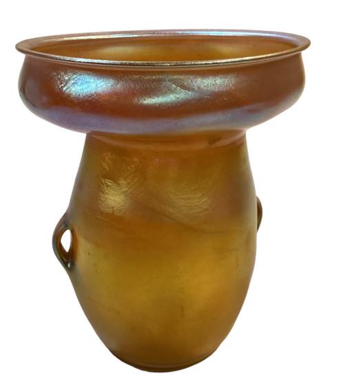 LCT Tiffany Favrille Vase: 7 inch vase with iridescent gold, wide formed r lip, small side handles, signed at base, LCT, #5860B 9 Good