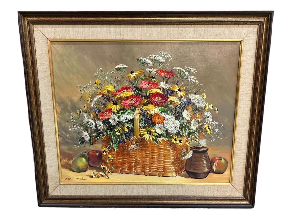 Still Life of Flowers and Fruit, Betty G. Mitchell: North Carolina, 1932-2010.. oil on I canvas, signed lower left, gilt frame made in Italy, linen liner with some discoloration..sight 17H x 21W, frame 24H x 27.5W Line Item # 69