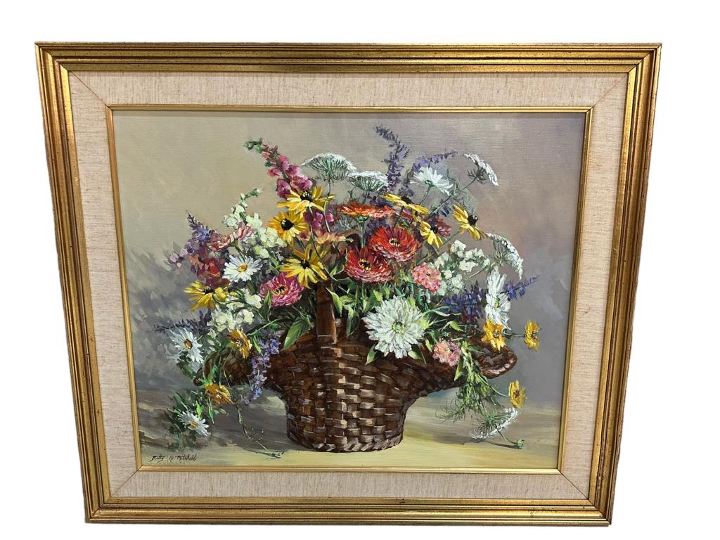 Dahlias and Zinnias, Betty G. Mitchell: North Carolina, 1932-2010..oil on canvas, signed lower left, gilt frame, linen liner with some foxing..artist tag and gallery tag on verso..sight 19.5H x 23.5W, frame 25.5H x 29.5W..minor gilt loss