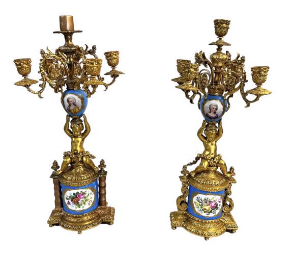 Near Pair of Dore Bronze & Porcelain Candelabras (1 of 18)