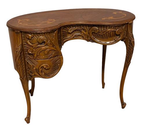 Inlaid Rococo Kidney Desk: 1950s carved & Inlaid, 29 tall x 30 wide x 16 deep