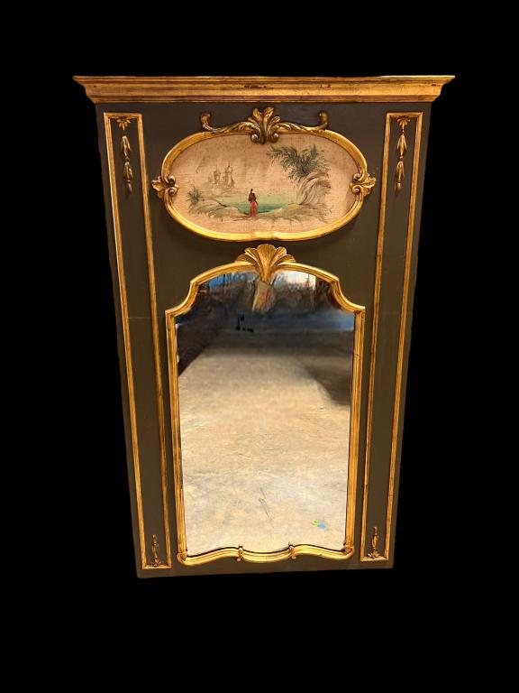 La Barge Trumeau Mirror: Painted castle scene, carved and glided, 53 x 33