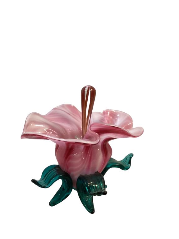 John Cook Art Glass Perfume Bottle: Unique design by Cook, a 8 x 6 blown glass floraform in pink swirl glass above 4 leafy feet, stationary center bud perfume bottle with elongated dauber, signed to foot and dated ‘97 114