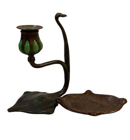 Tiffany Studios Bronze Candleholder, Bonham Tray: Dore Art Nouveau candlestick, touchier candle cup with green slag interior cup, on a extended branch,stamped base 11403-1277, 6 inch nouveau nude relief bronze pin tray, stamped Bonham, 9301* candlest