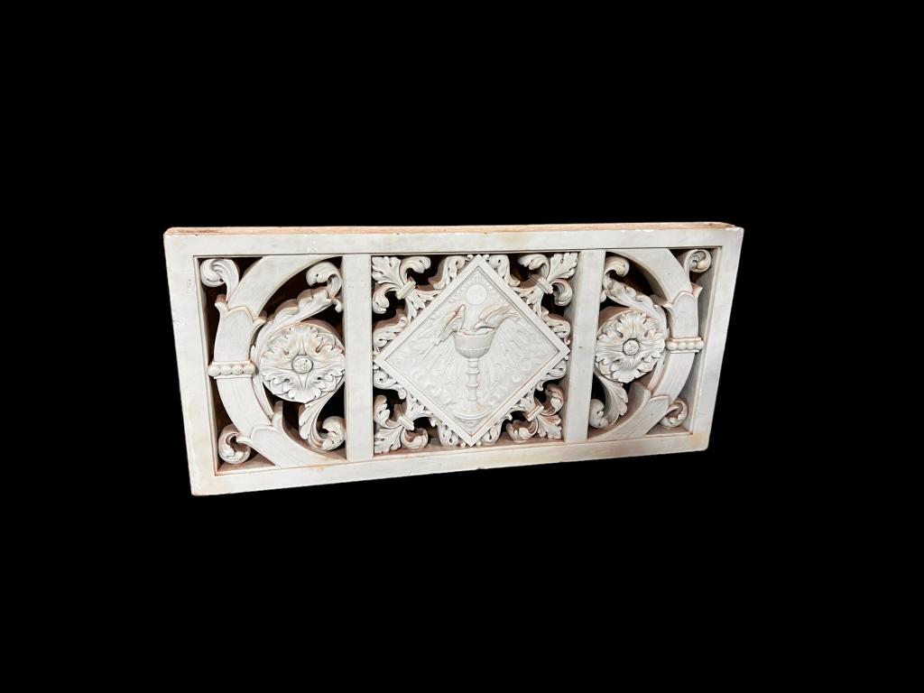 Carved Marble Transom: Rosettes, doves in the cup of life, minor chips and losses, 44 wide x 20 tall x 3 dee