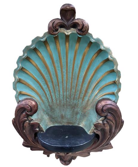 Marko Mfg. Shell Wall Shelf: Blue shell with gold accents and brown acanthus leaves, 26H x 17W inches..some plaster loss Line Item # 45