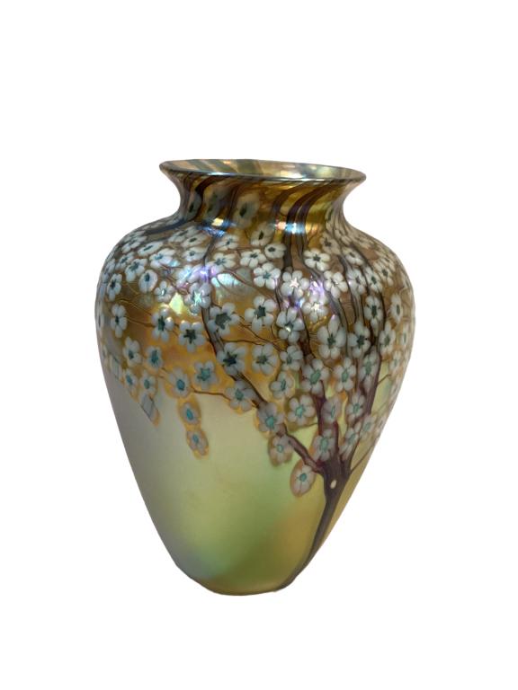 Orient and Flume Art Glass Vase: 9 inch iridescent gold body with flowering cherry blossom trees, slightly flaring rim, signed with date 1989, and D 65