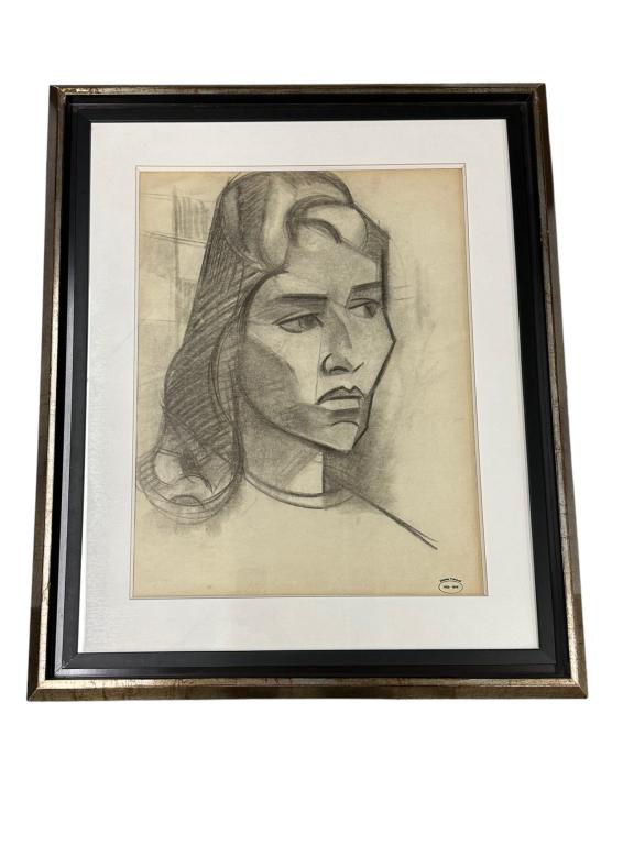 Charcoal Drawing of a Woman, Nicolas Poliakoff: Ukranian, 1899-1976..on paper, Ingres Arches Ecoles watermark visible, stamped with artist name and birth/death dates lower right..toning and creases to paper, not examined out of frame..sight 24H x 1