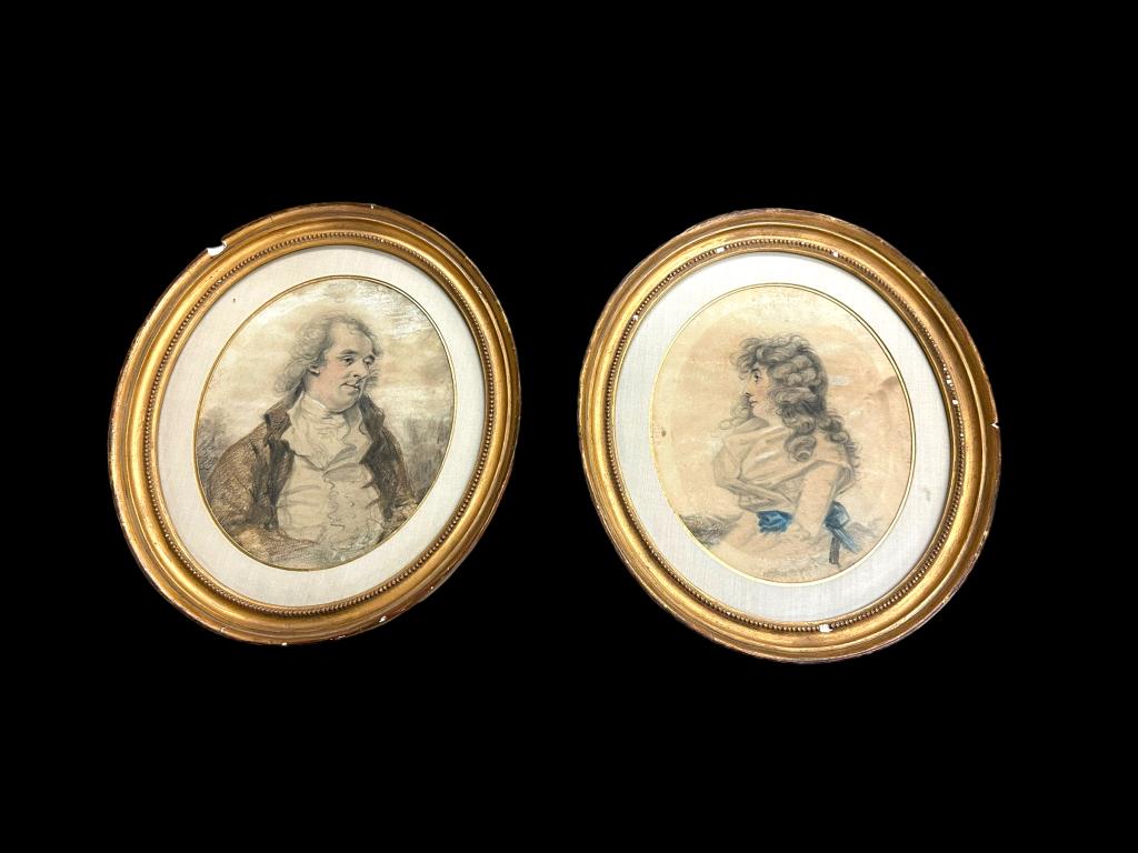 Pair of Oval Portraits, after Henry Hudson: Colored lithographs of man and woman, possible Duke and Duchess of Devonshire, toning and foxing..period gilt gesso frames, some loss..sights 8.5H x 7W, frames 13H x 11W
