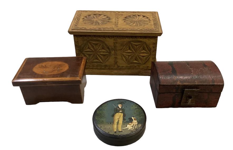 4 Table Boxes: Folk Art carved box, 8 x4 inchs, 2 interior sections, mustard paint, 5 inch mahogany hinges lid tea box, inlay top, hand painted 4 inch box with decorative scene of man with gun and dog, 3 x 5 inch ch