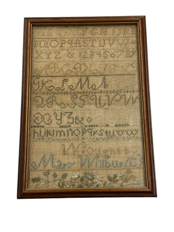 New England Sampler: With three alphabets, numbers, floral/strawberry vines, linen backing with silk threads, multiple stitch styles..wrought by Mary Wilbur AE 9..good condition, frame 13.25 x 9.25