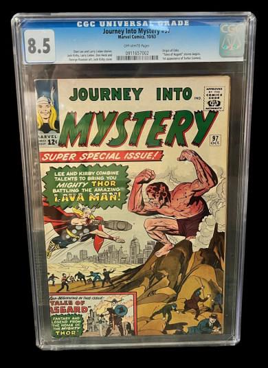 Journey in to mystery #97 8.5 Grade: Stan Lee & Larry, lever stories, Jack Kirby, Larry Lieber, Don Heck in George Roussoiuoks art Jack Kirby cover Origin of Odin, tales of Agard stories begin first appearance of suotur. Off white pages